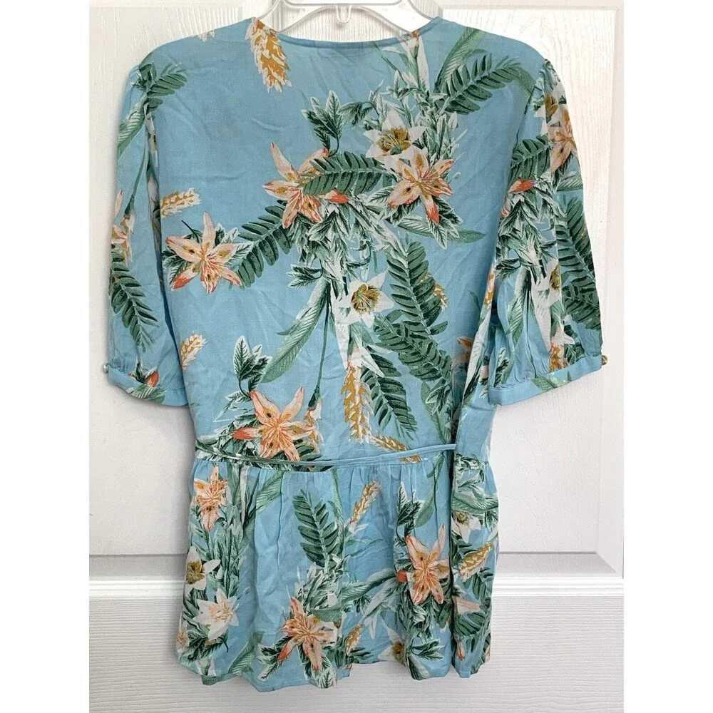 Lucky Brand Blue Tropical Floral Peplum Wrap Top Blouse Size S - Picture 4 of 6